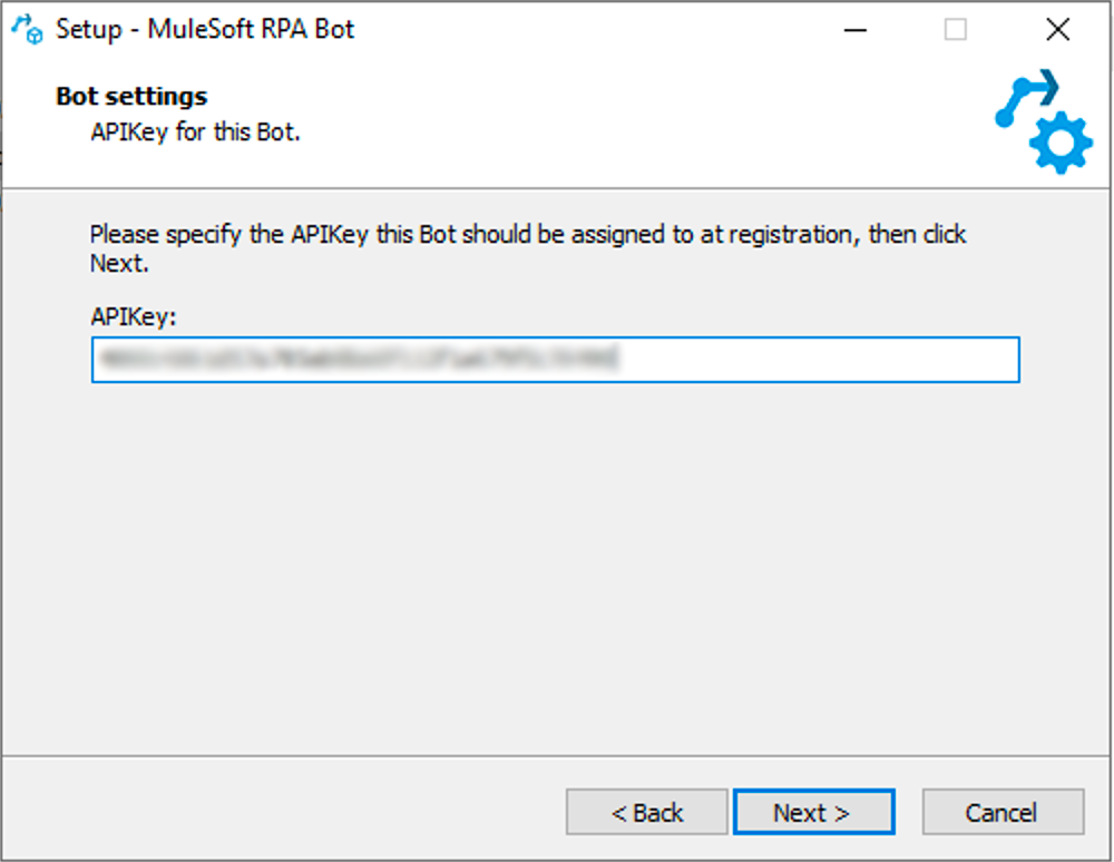 The RPA Bot installer window asking for the APIKey to use