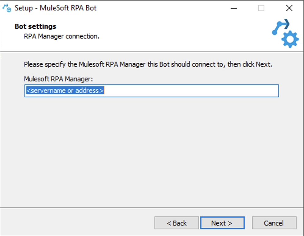 The RPA Bot installer window asking for the RPA Manager address to use