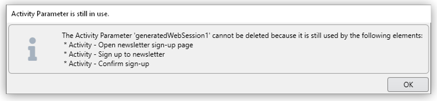 A warning message showing that a parameter cannot be deleted because it is still in use