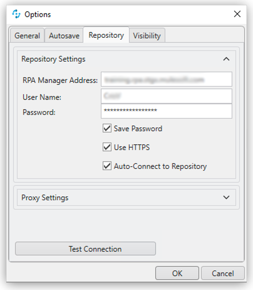 The RPA Builder Repository settings