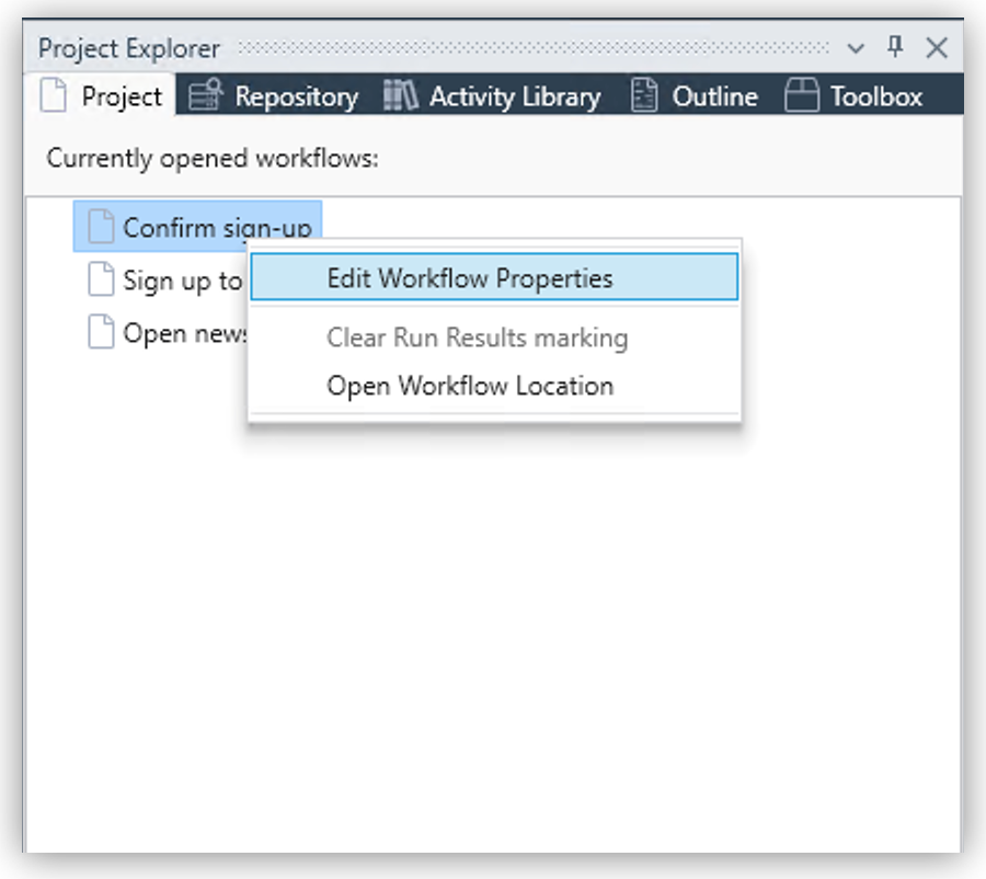 The Project Explorer showing the Workflow to edit