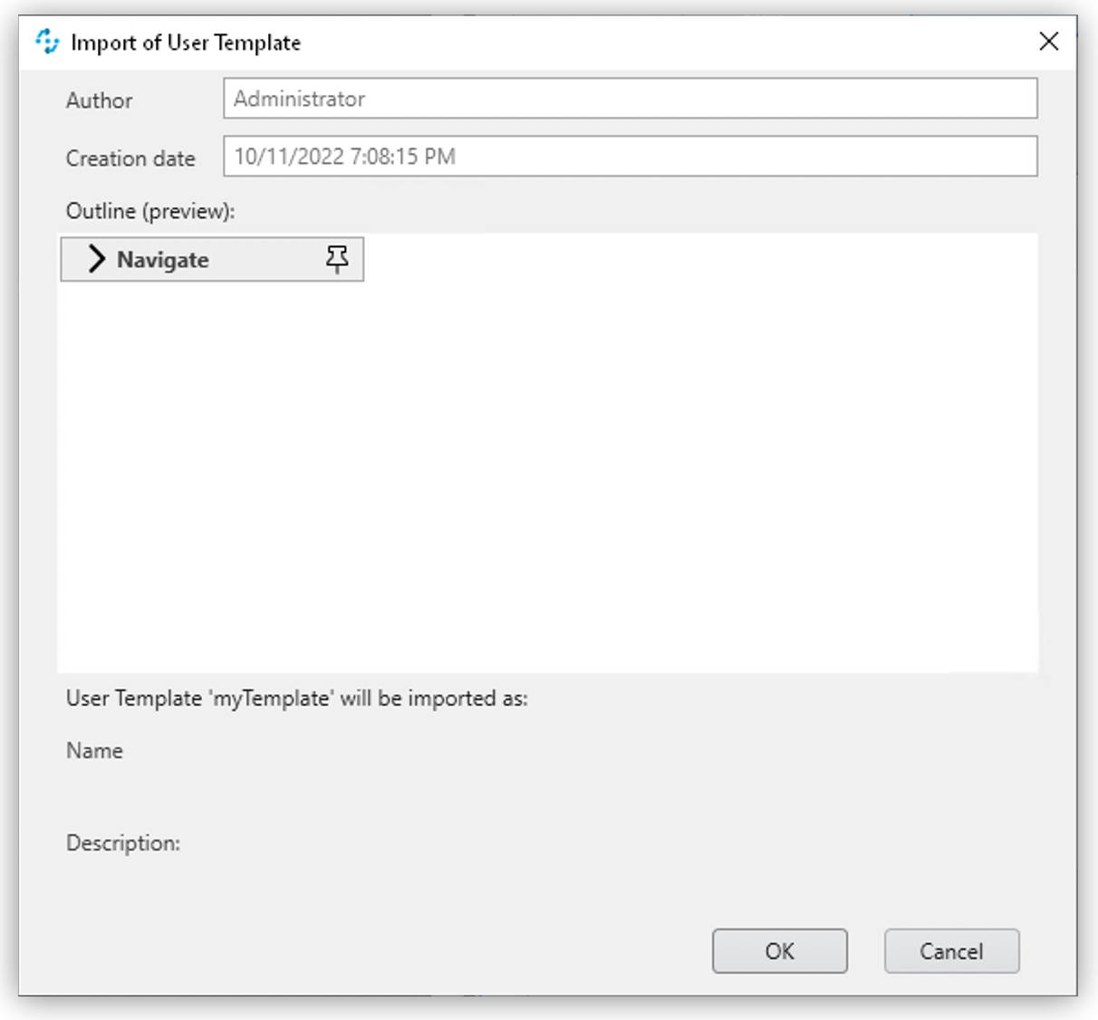 The Import template window