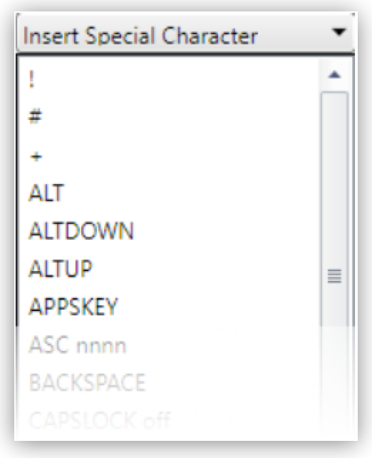 The Insert Special Character drop-down menu