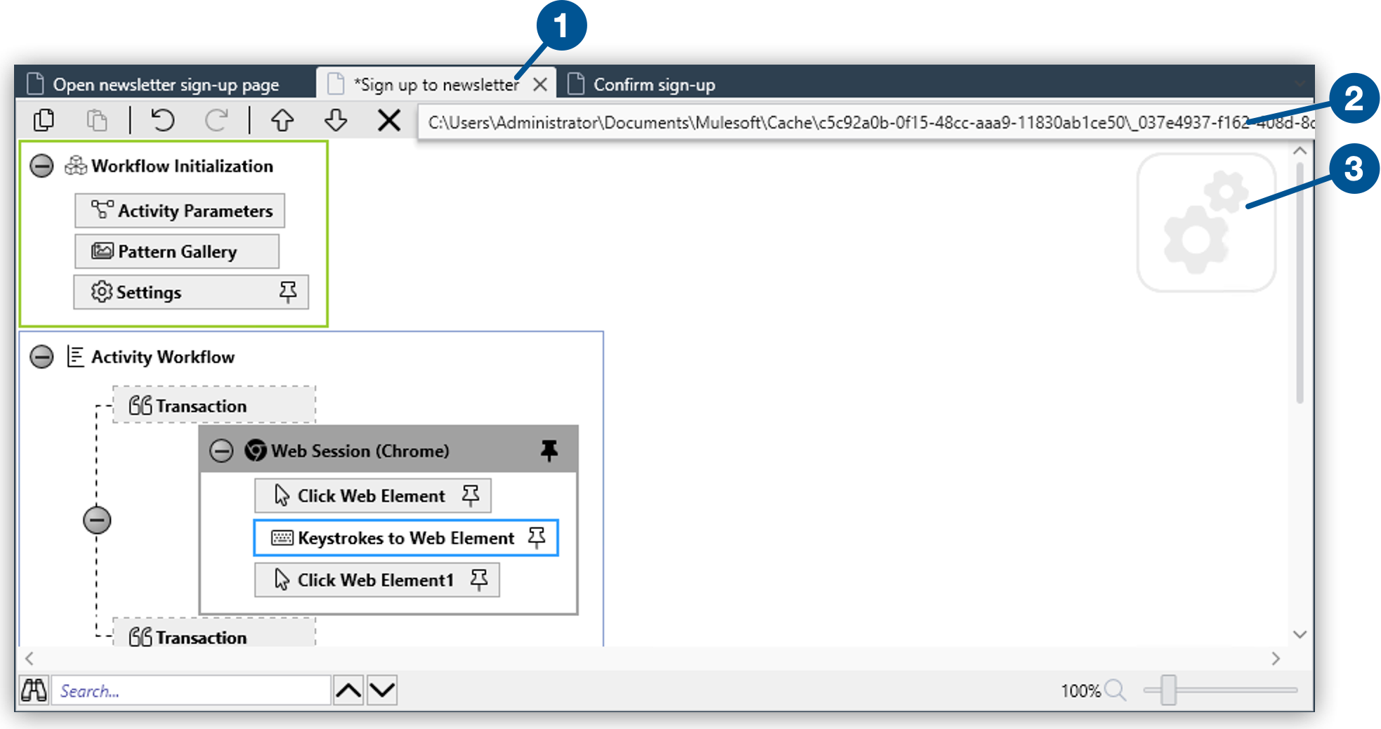 The Workbench showing the location path tooltip