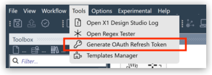 The Generate OAuth Refresh Token options in the Tools menu