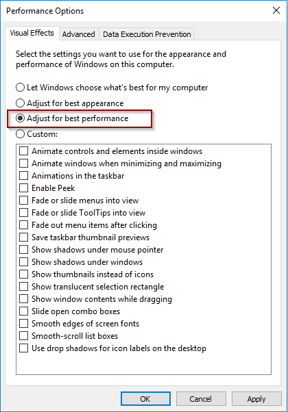 Performance options window