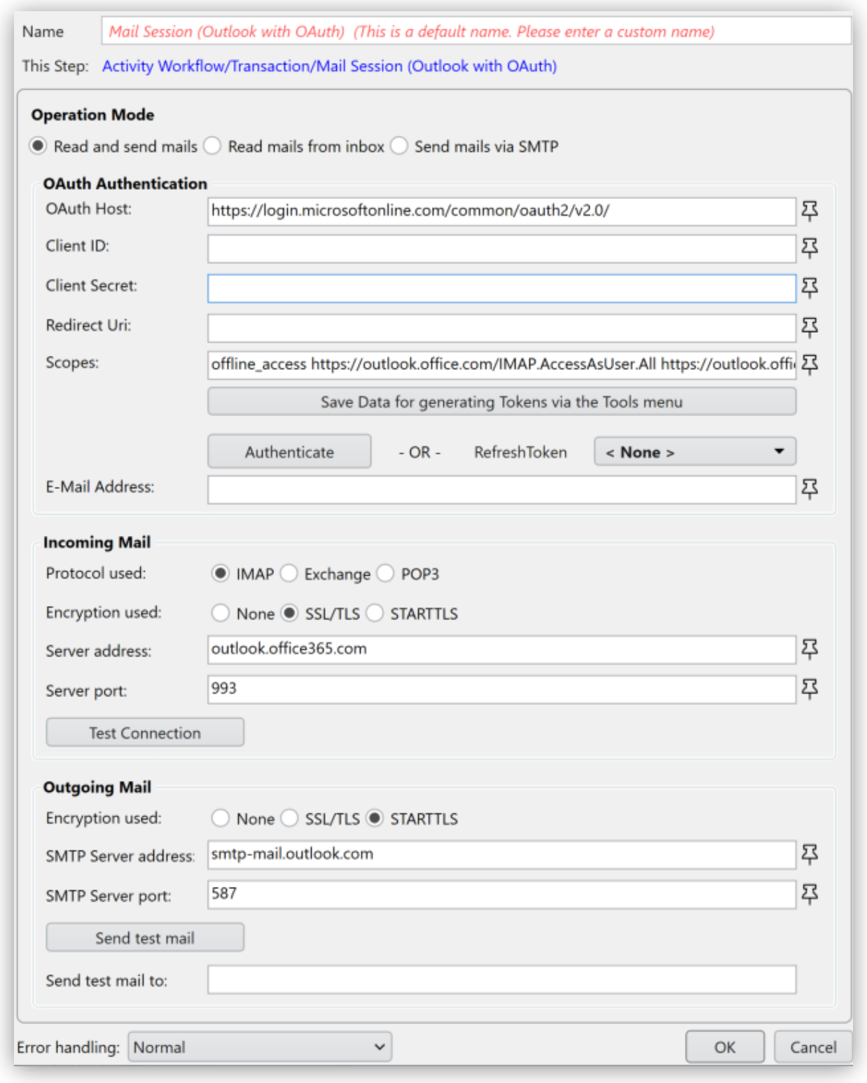 The Mail Session (Outlook with OAuth) Action Step Wizard