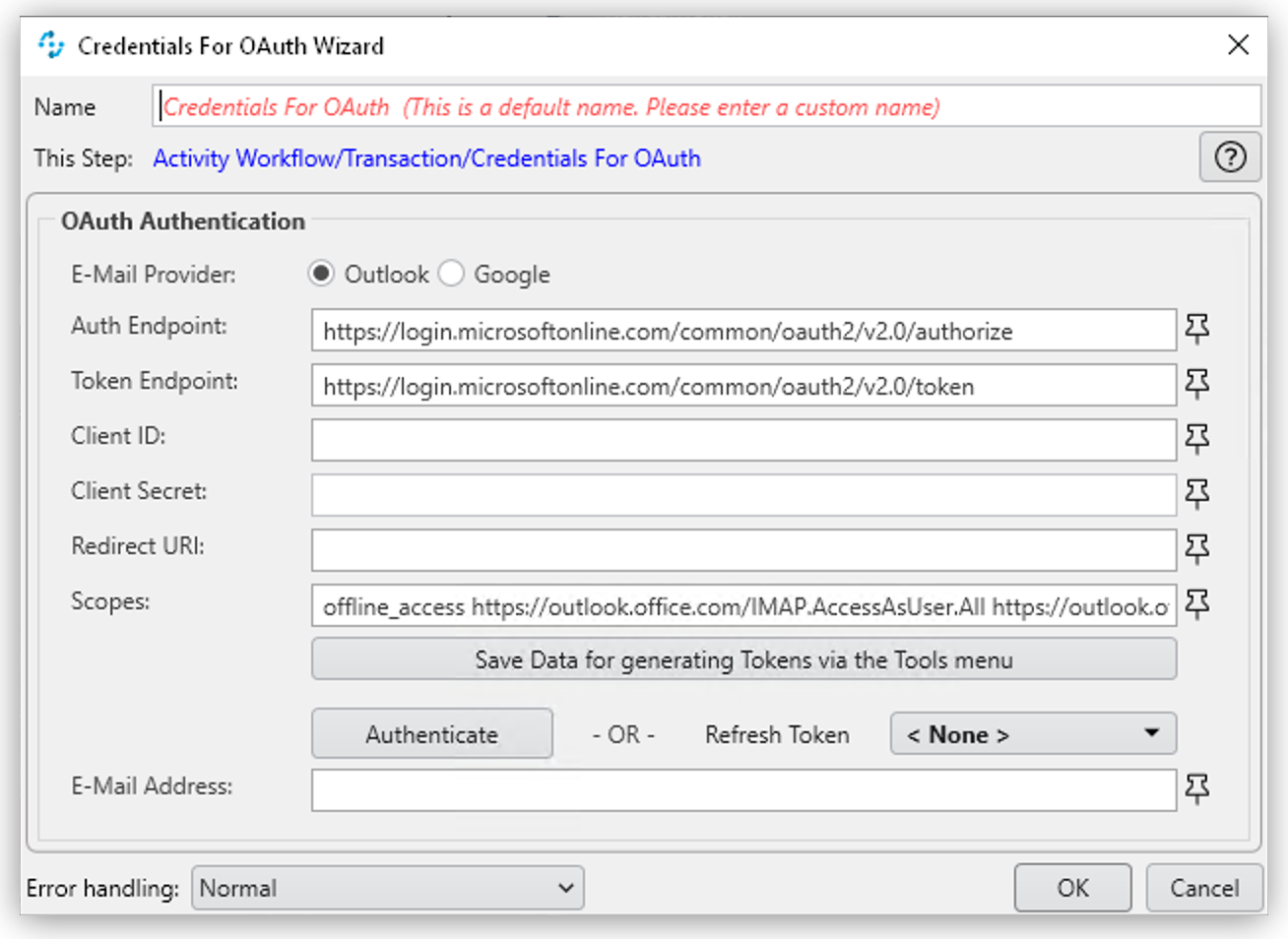 The Credentials for OAuth Wizard