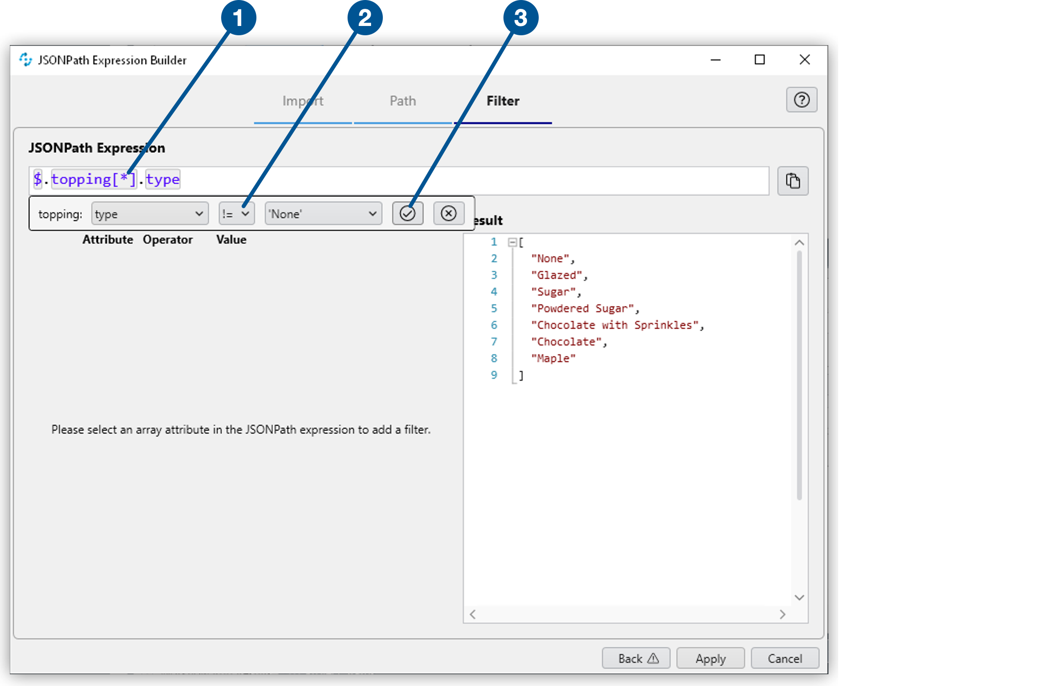 The JSONPath Expression Builder tool showing the filter screen.