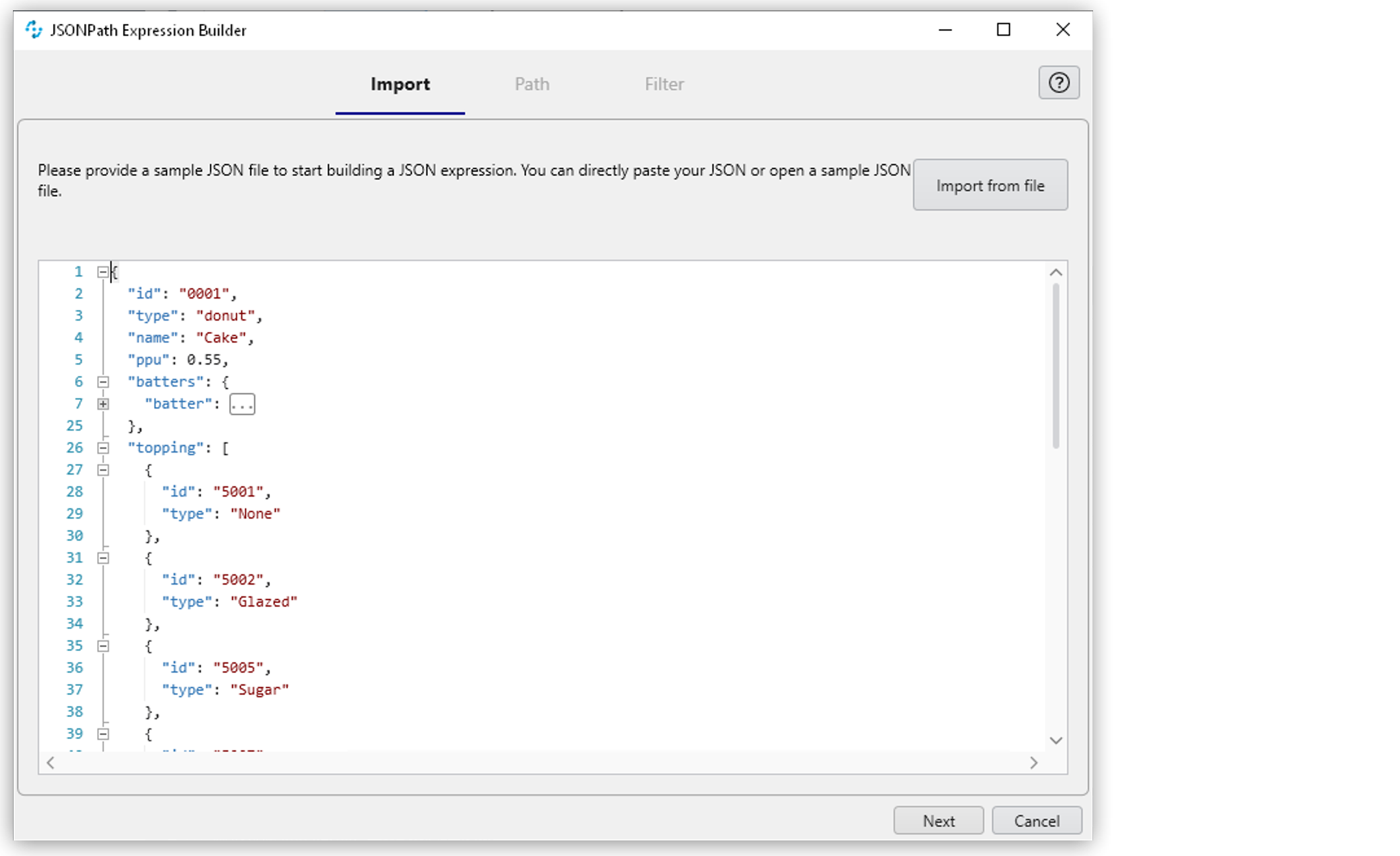 The import file window of the JSONPath Expression Builder tool.