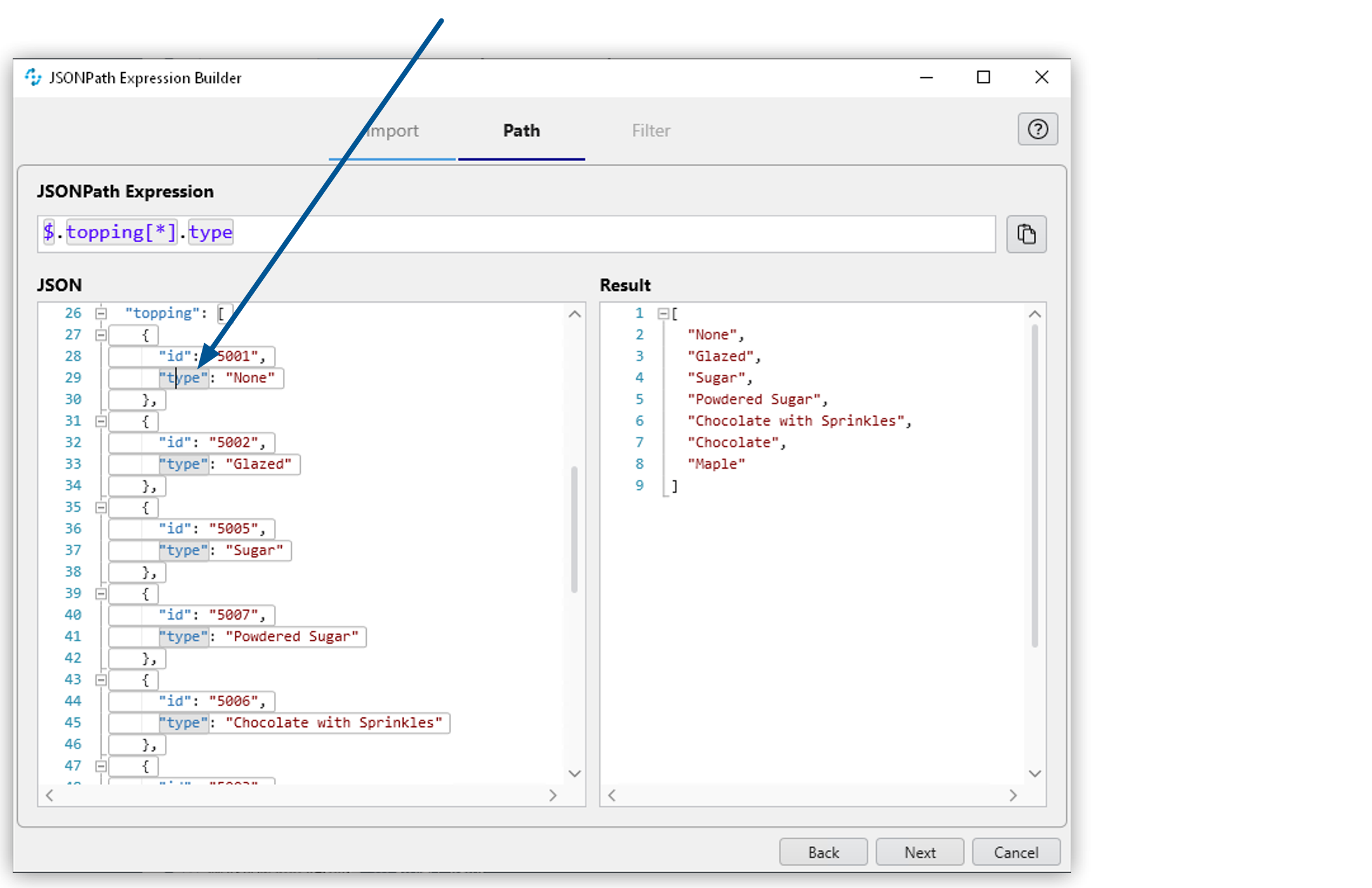 The JSONPath Expression Builder tool.