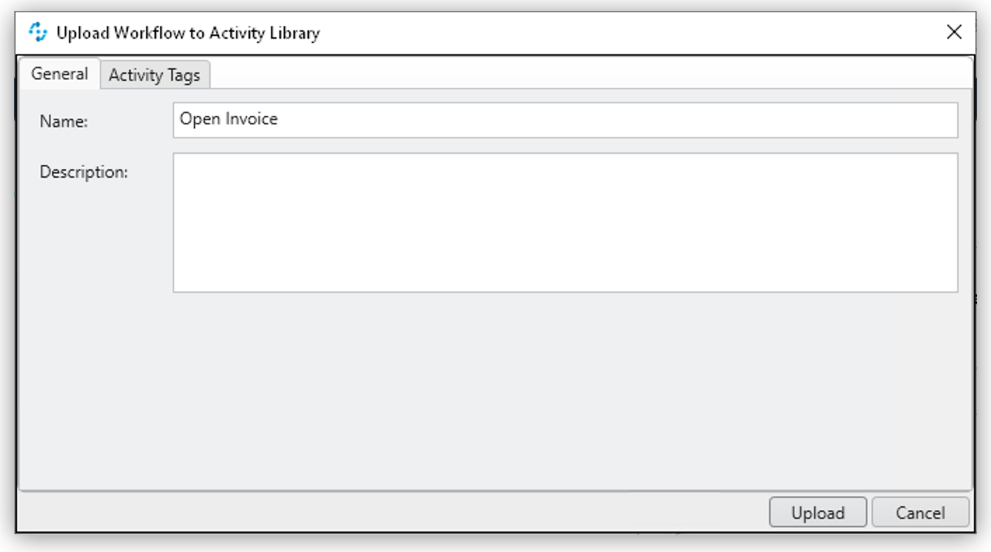 Upload Workflow to Activity Library window