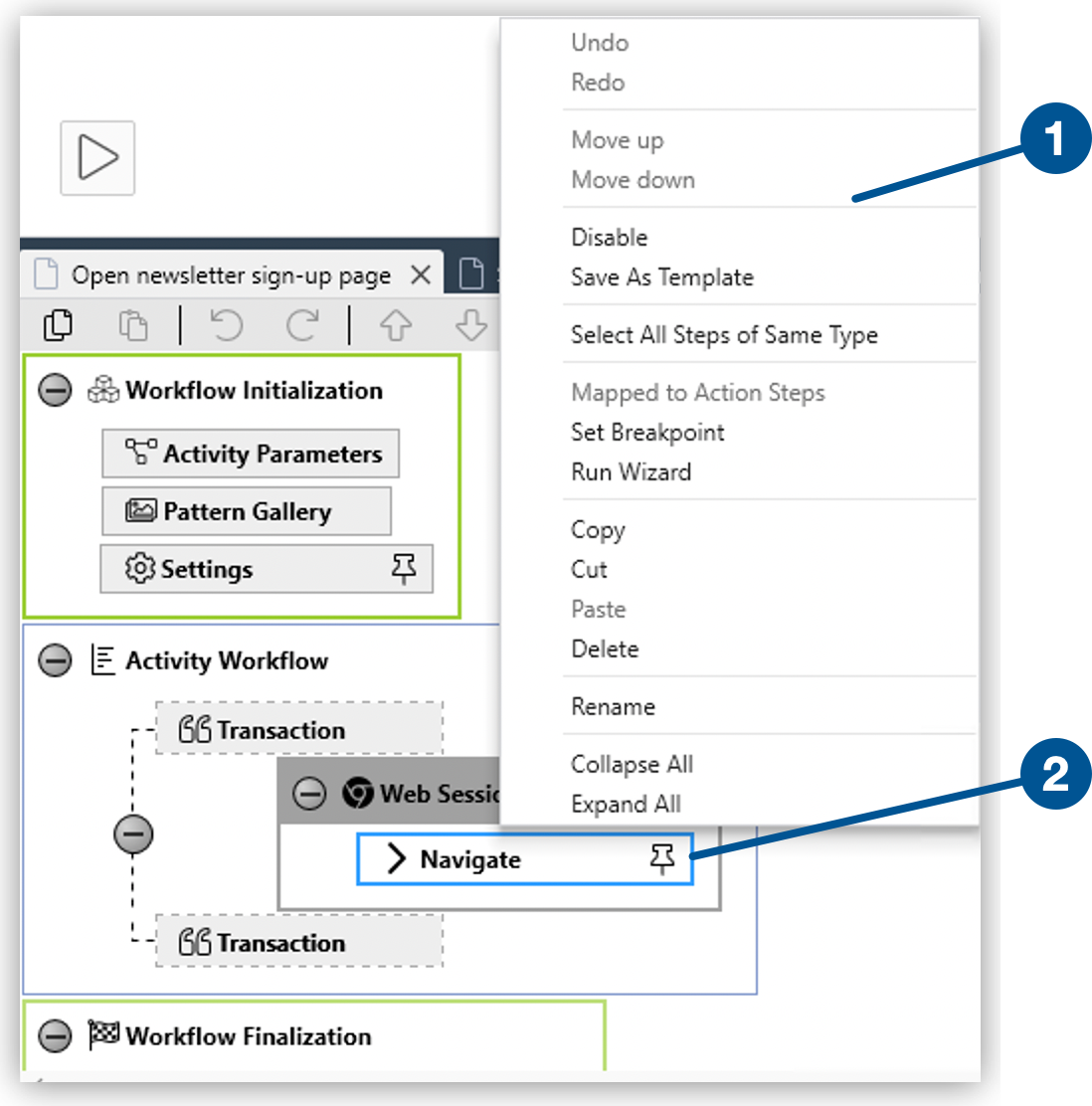 The context menu of a Workbench element