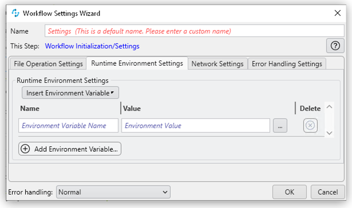 The Workflow Settings Wizard showing the Runtime Environment Settings tab