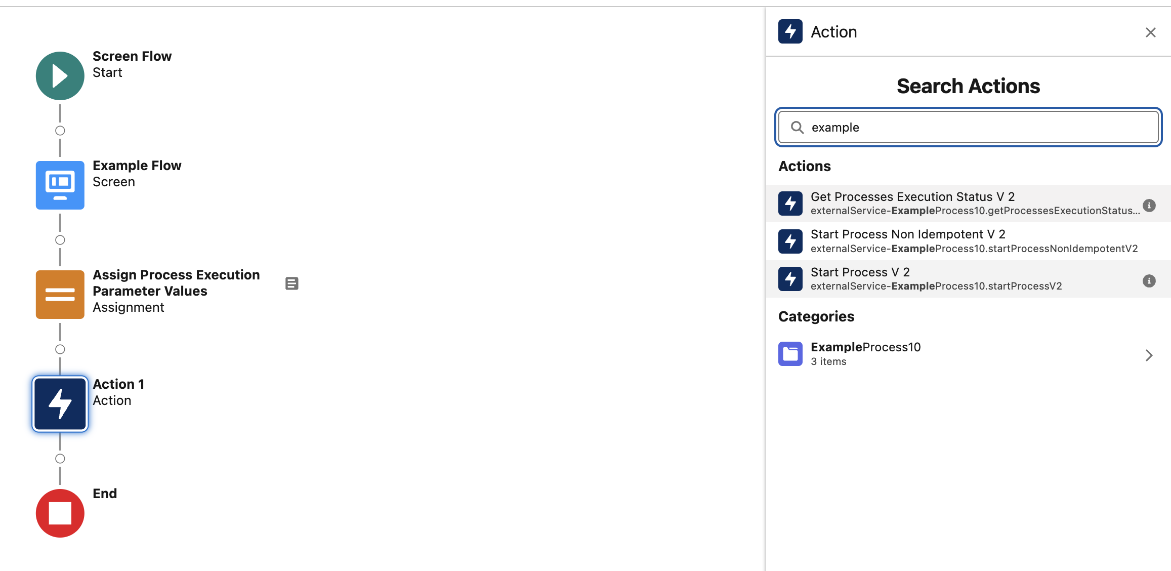 Start and status action list for the example process in Flow Builder