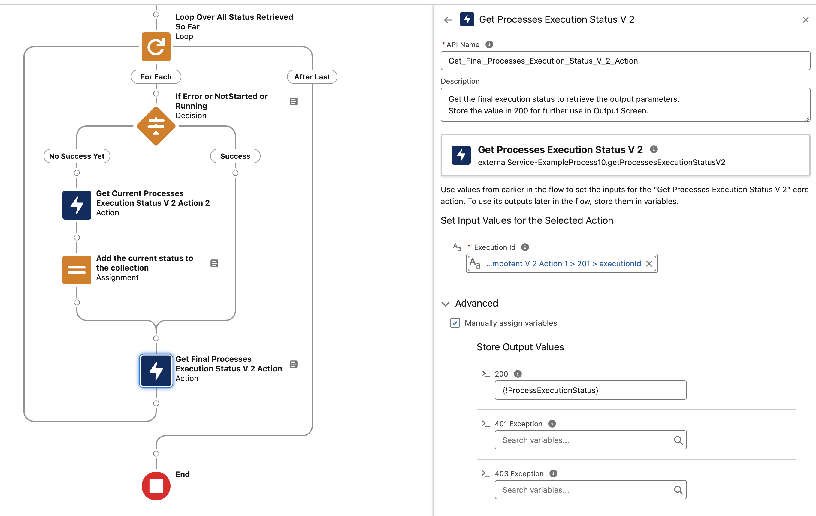 Configuration of the Get Process Execution Status V2 action using part of the 201 output of the Start Process action as execution ID in Flow Builder