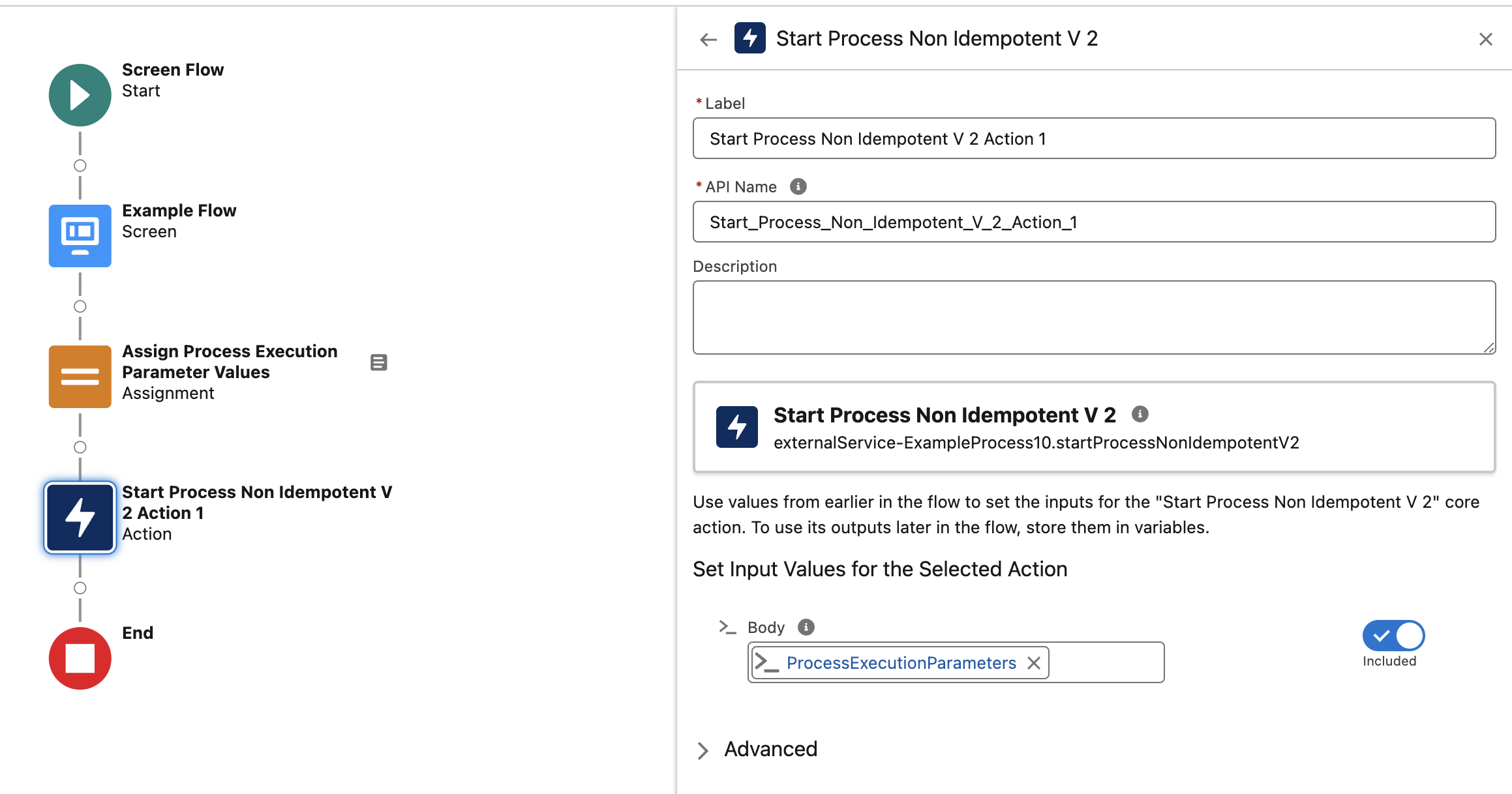 Configuration of the Start Process Non Idempotent V2 action using the process execution resource variable as body in Flow Builder