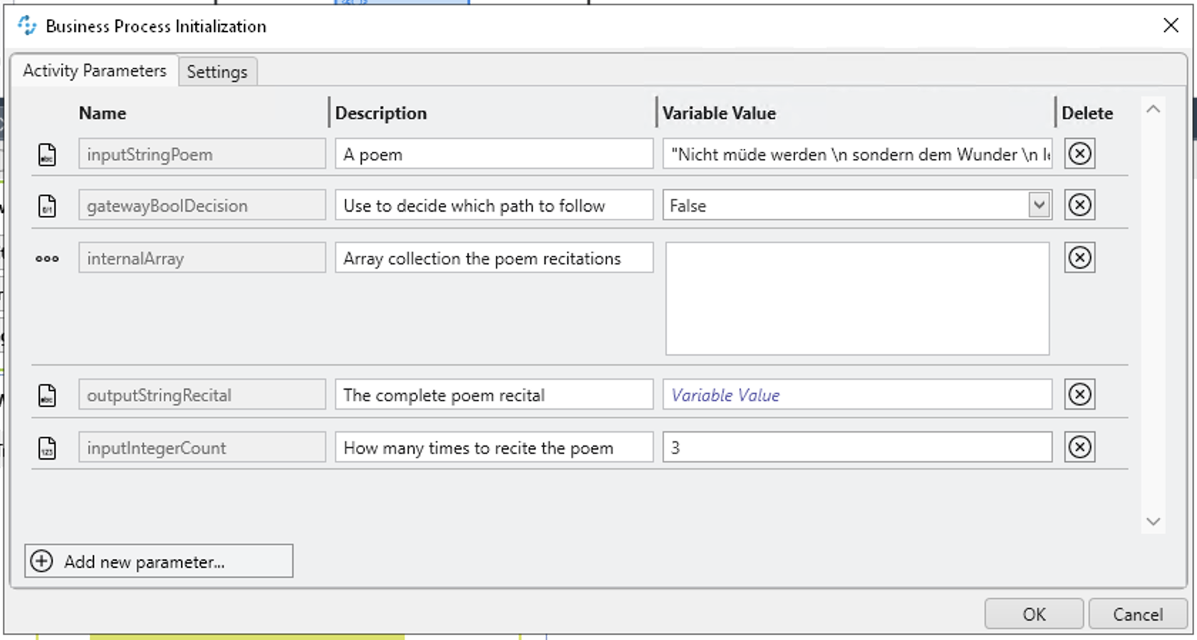 Activity Parameter definition for the example process in RPA Builder