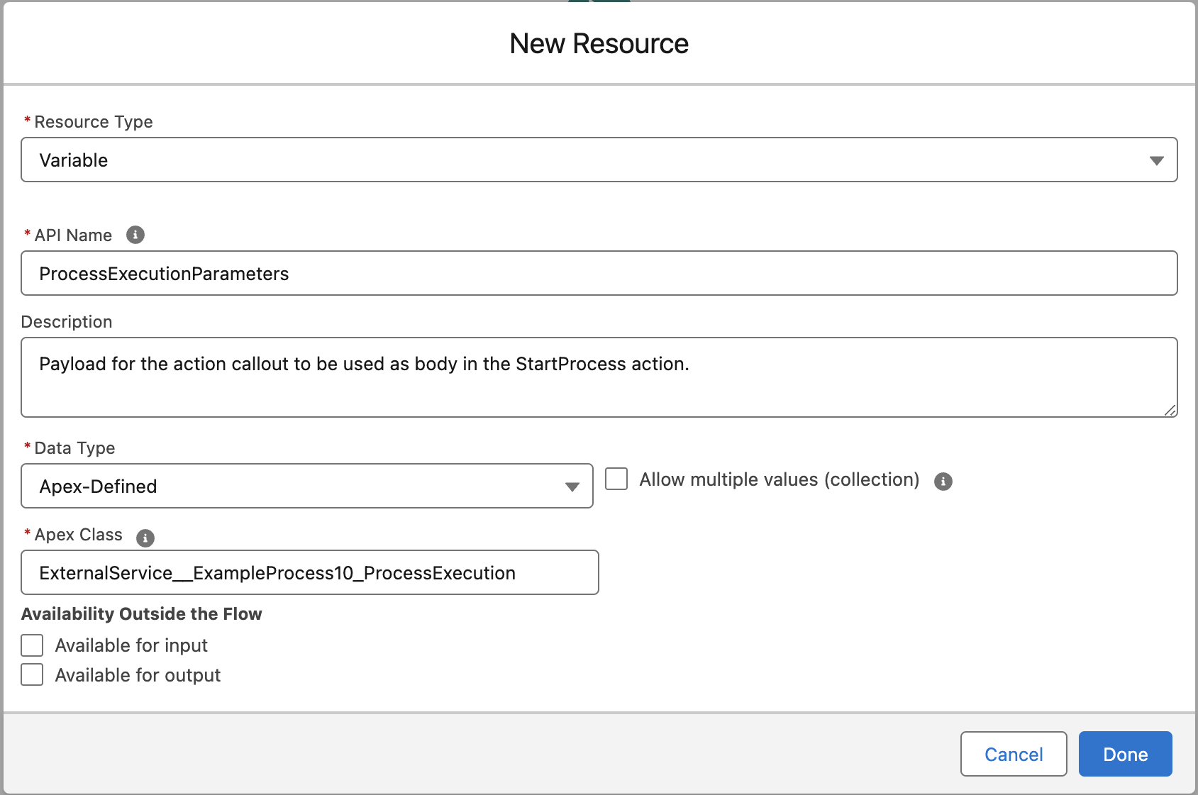 New Apex-Defined variable resource for the process execution in Flow Builder