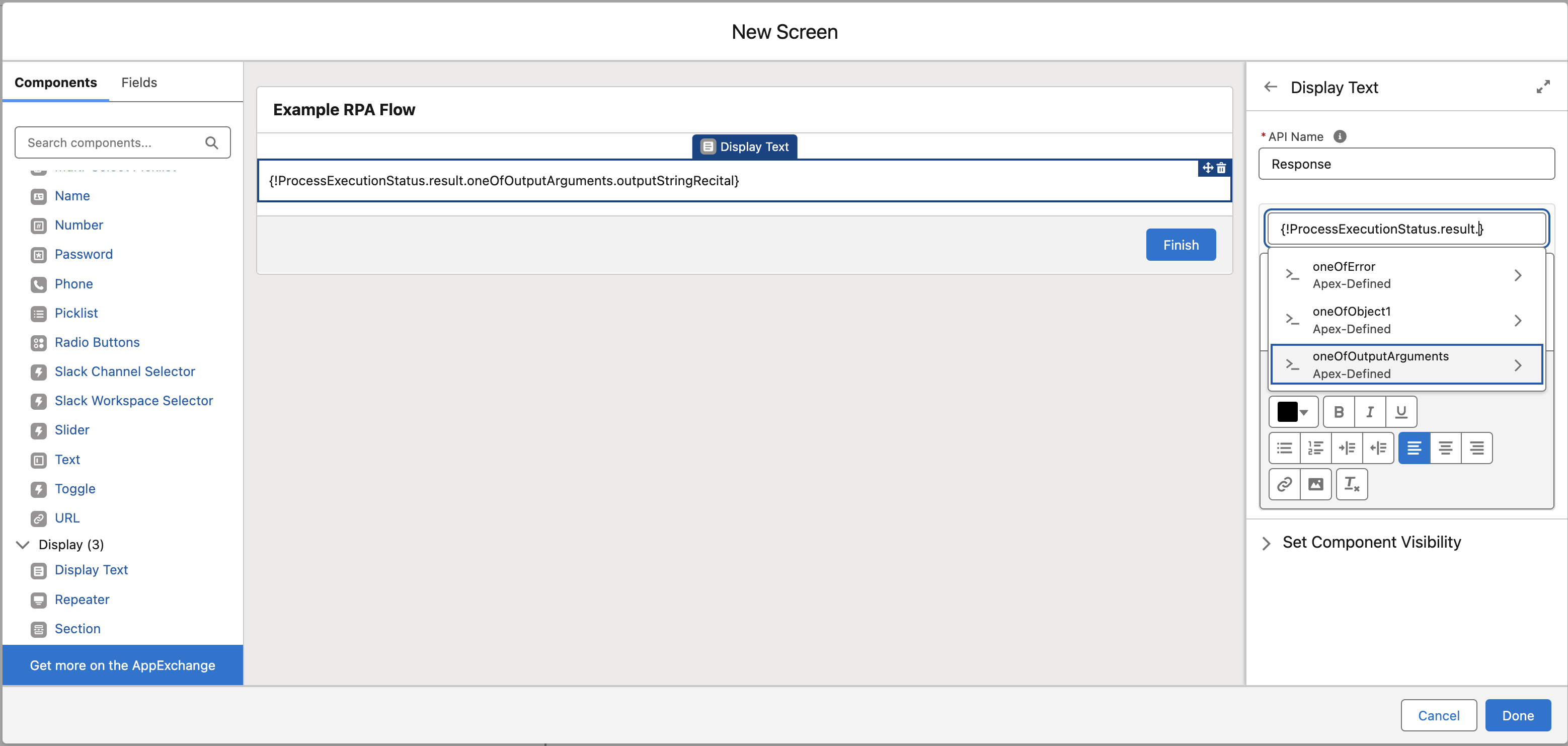 Screen configuration for displaying the process output in Flow Builder