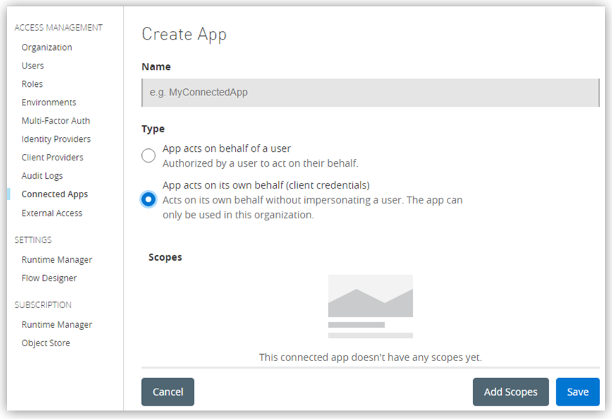 The Connected App creation window