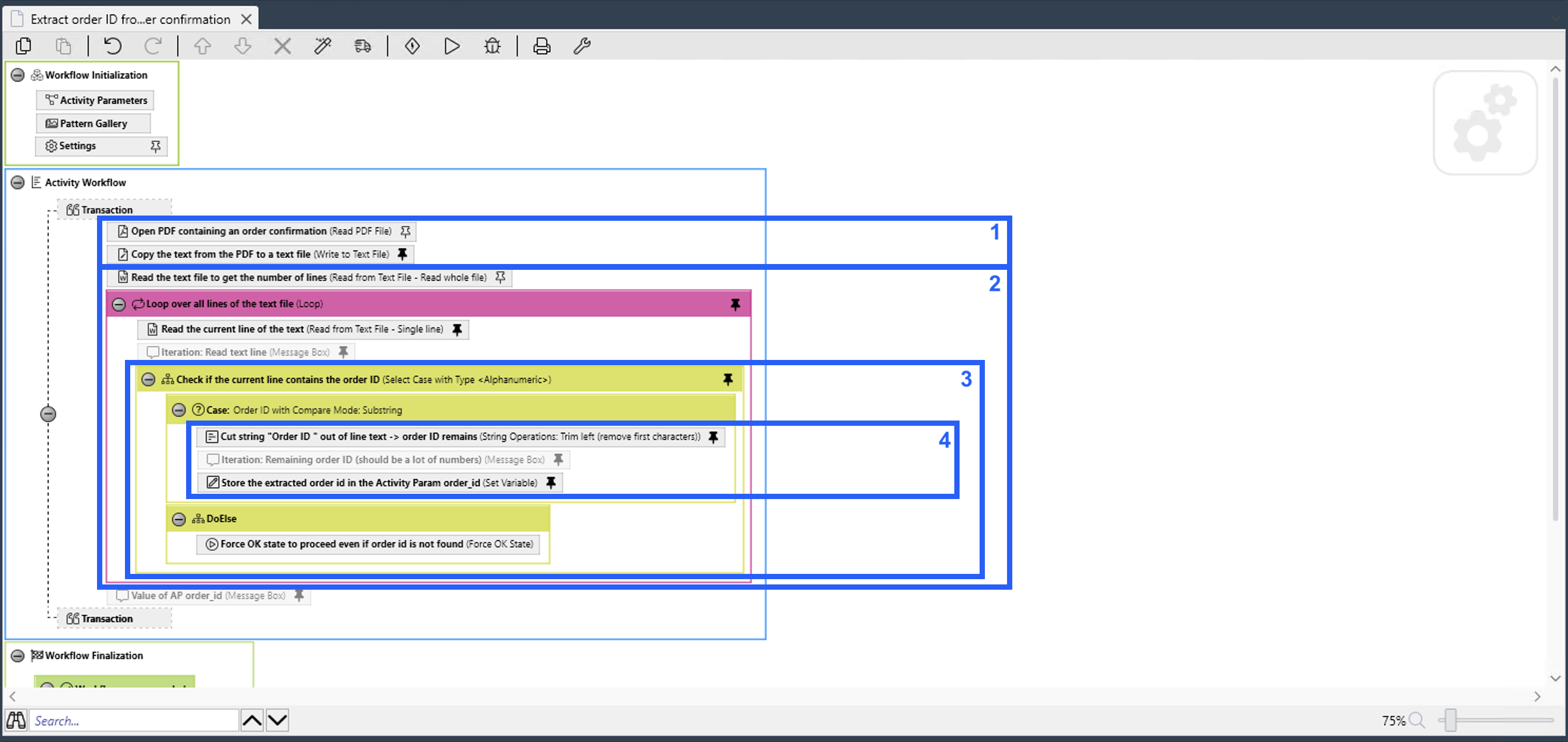 The Workflow contains the steps in the form of action steps. Some of the action steps are nested.