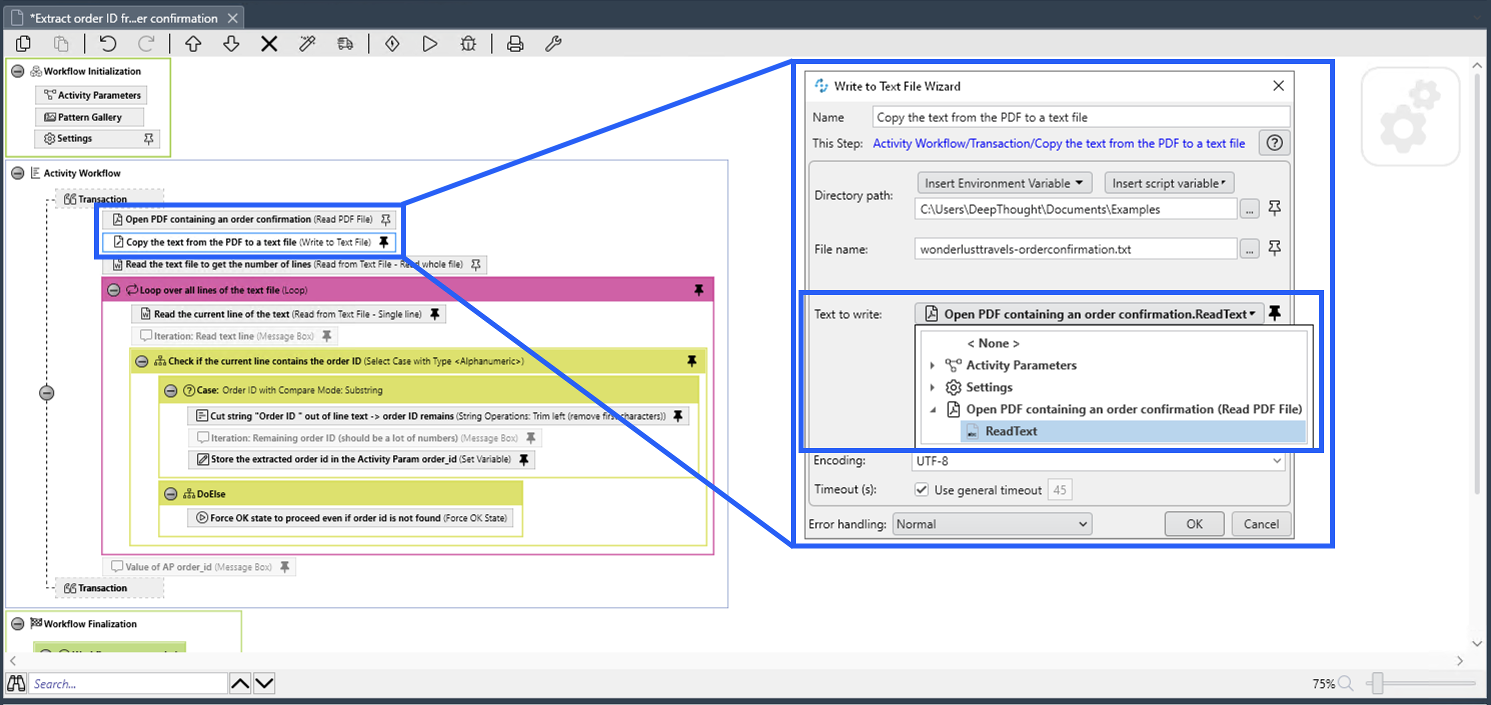 An out-filled pin symbol next to the input field shows that the variable is mapped to the text extracted from the PDF in a previous action step.