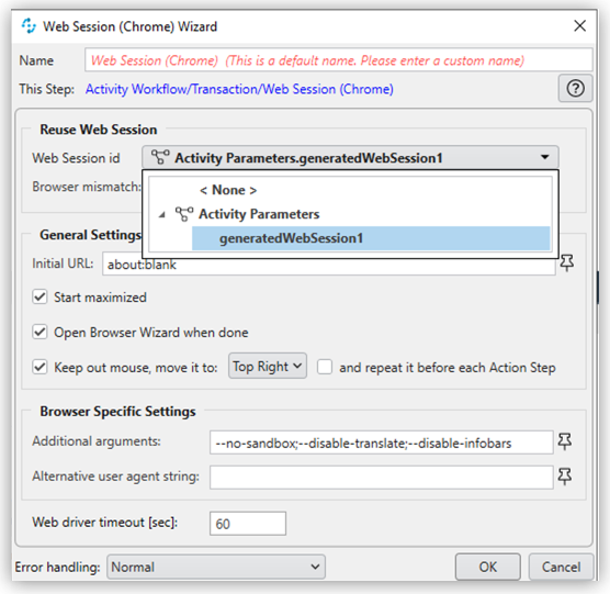 The Web Session Wizard showing the generatedWebSession1 parameter selected