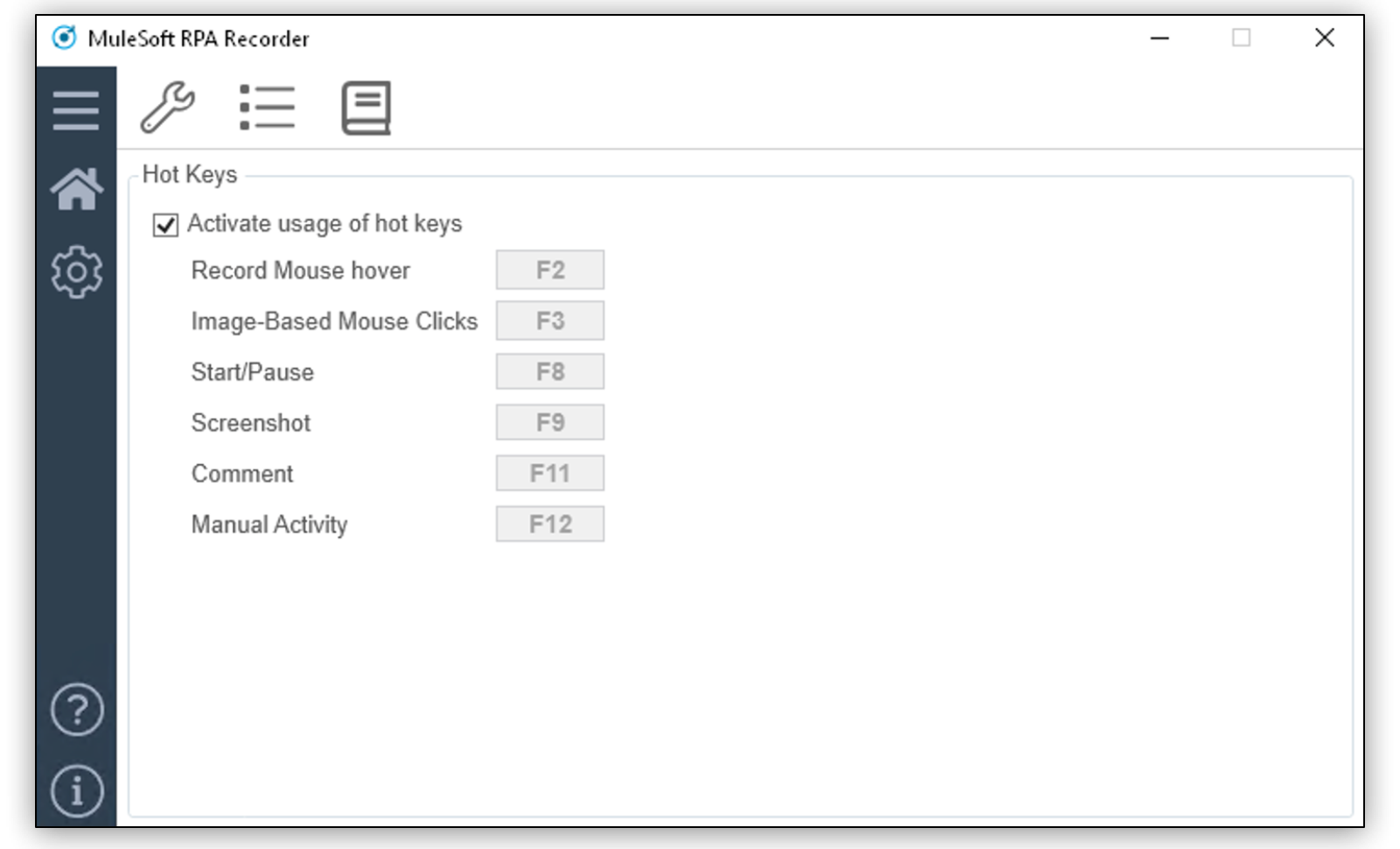 The Hot Keys configuration window