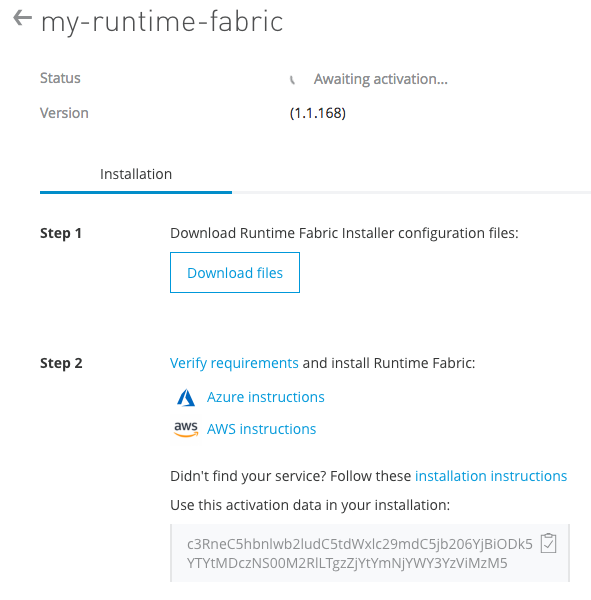 Runtime Fabric instance installation steps in the Runtime Manager UI