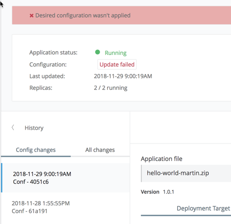 Configuration failed to apply status for a Mule app in Runtime Manager UI