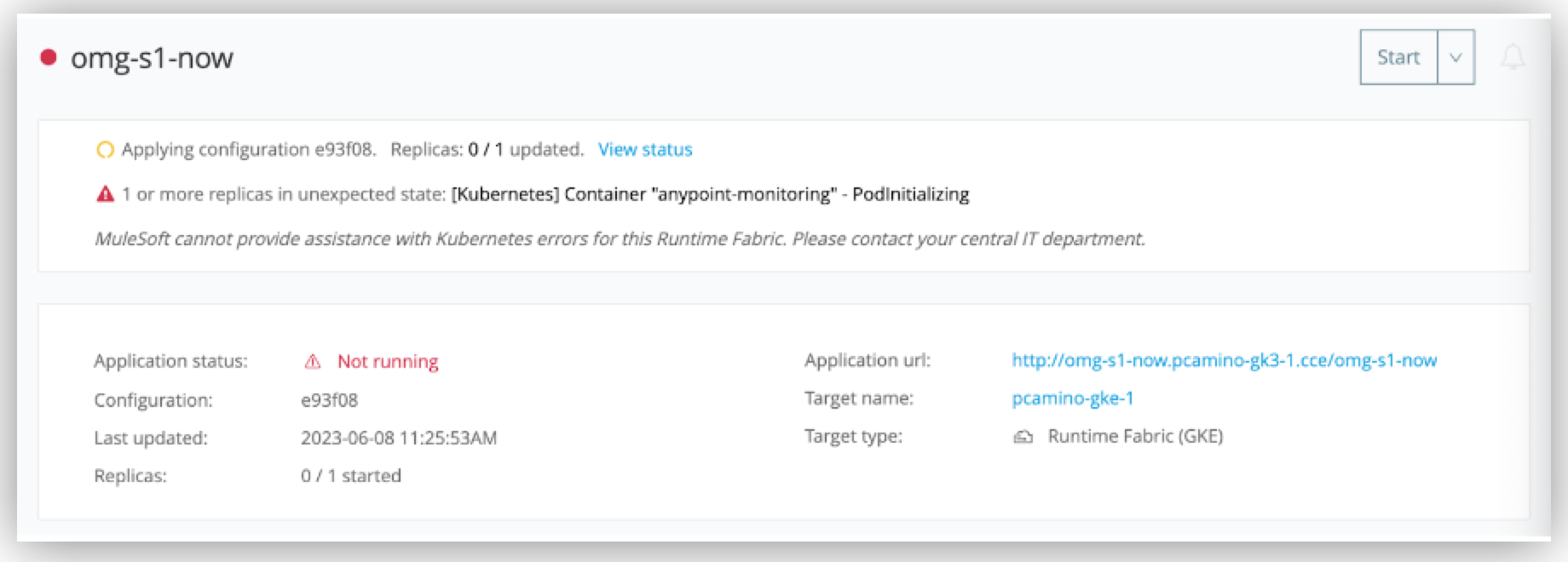 PodInitializing warning status in Runtime Manager UI