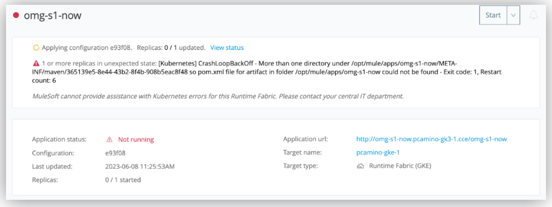 CrashLoopBackOff warning status in Runtime Manager UI