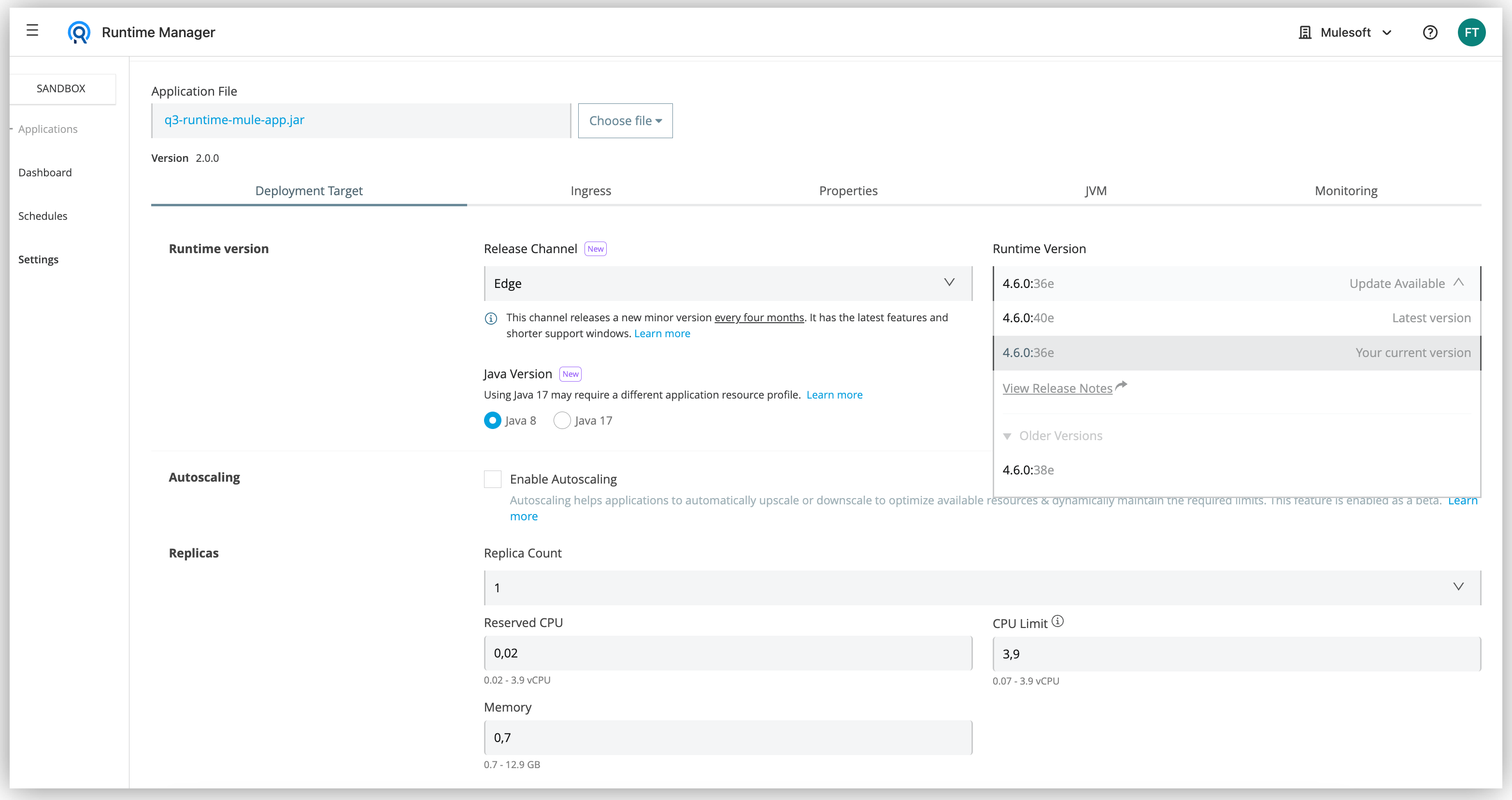 Runtime Manager UI with Mule Edge release dropdown window