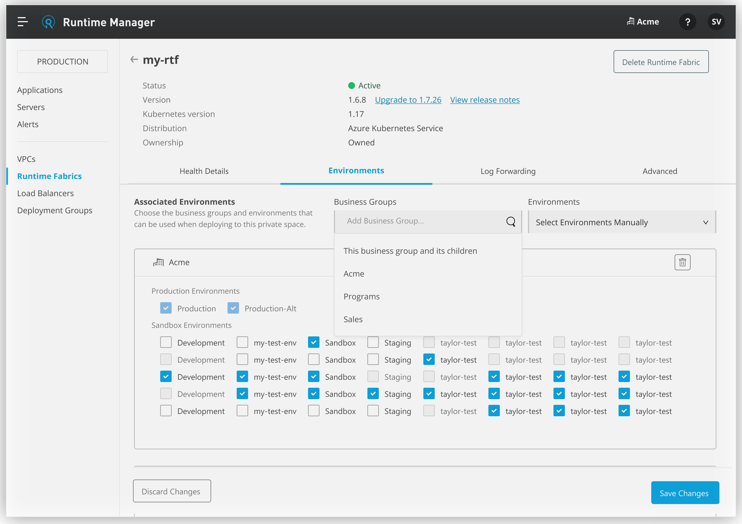 Runtime Manager UI showing Business Groups dropdown menu with options to select