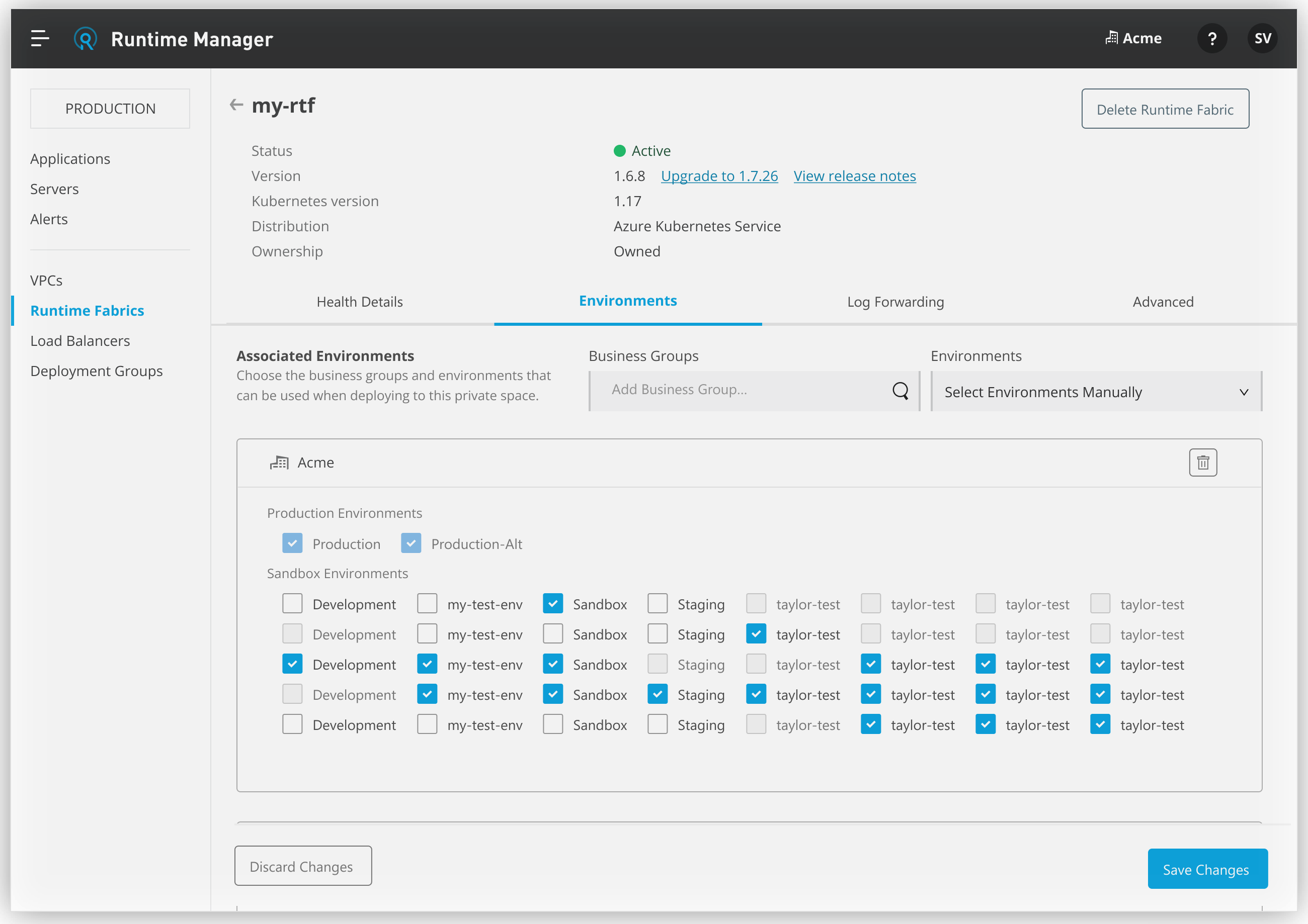 Runtime Manager UI showing Environments dropdown menu with options to select