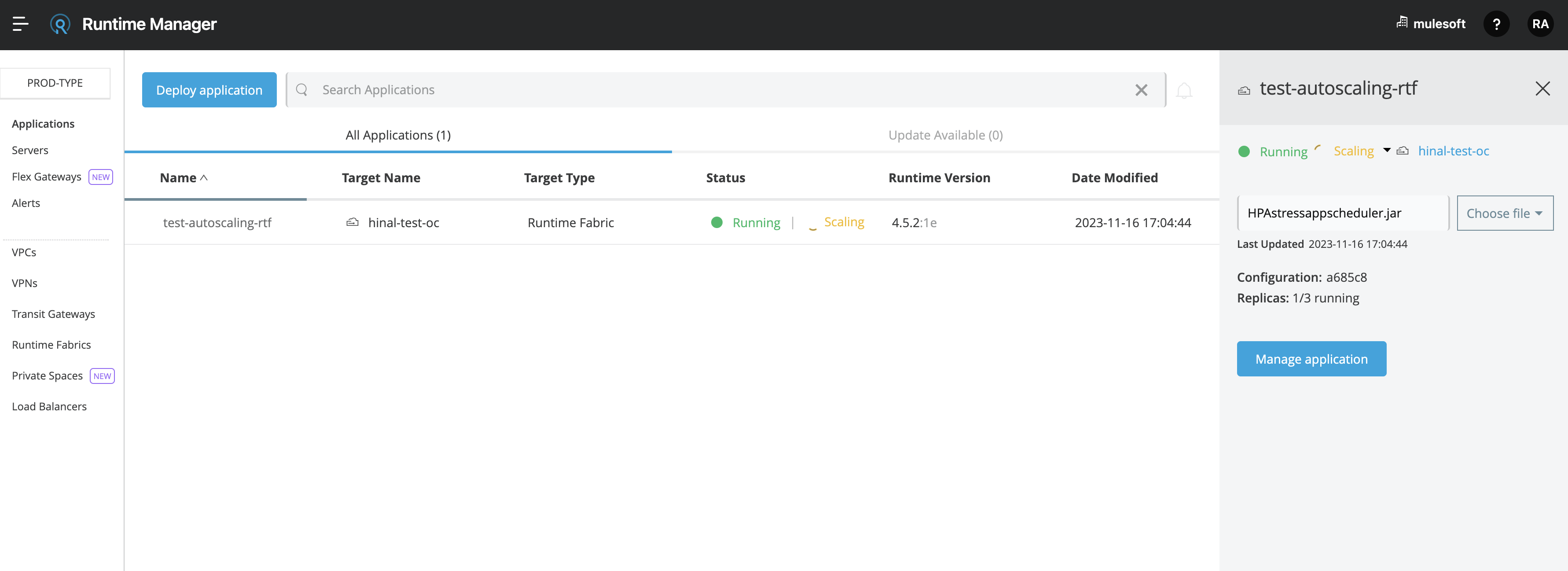 Runtime Manager UI with Mule app and Scaling status