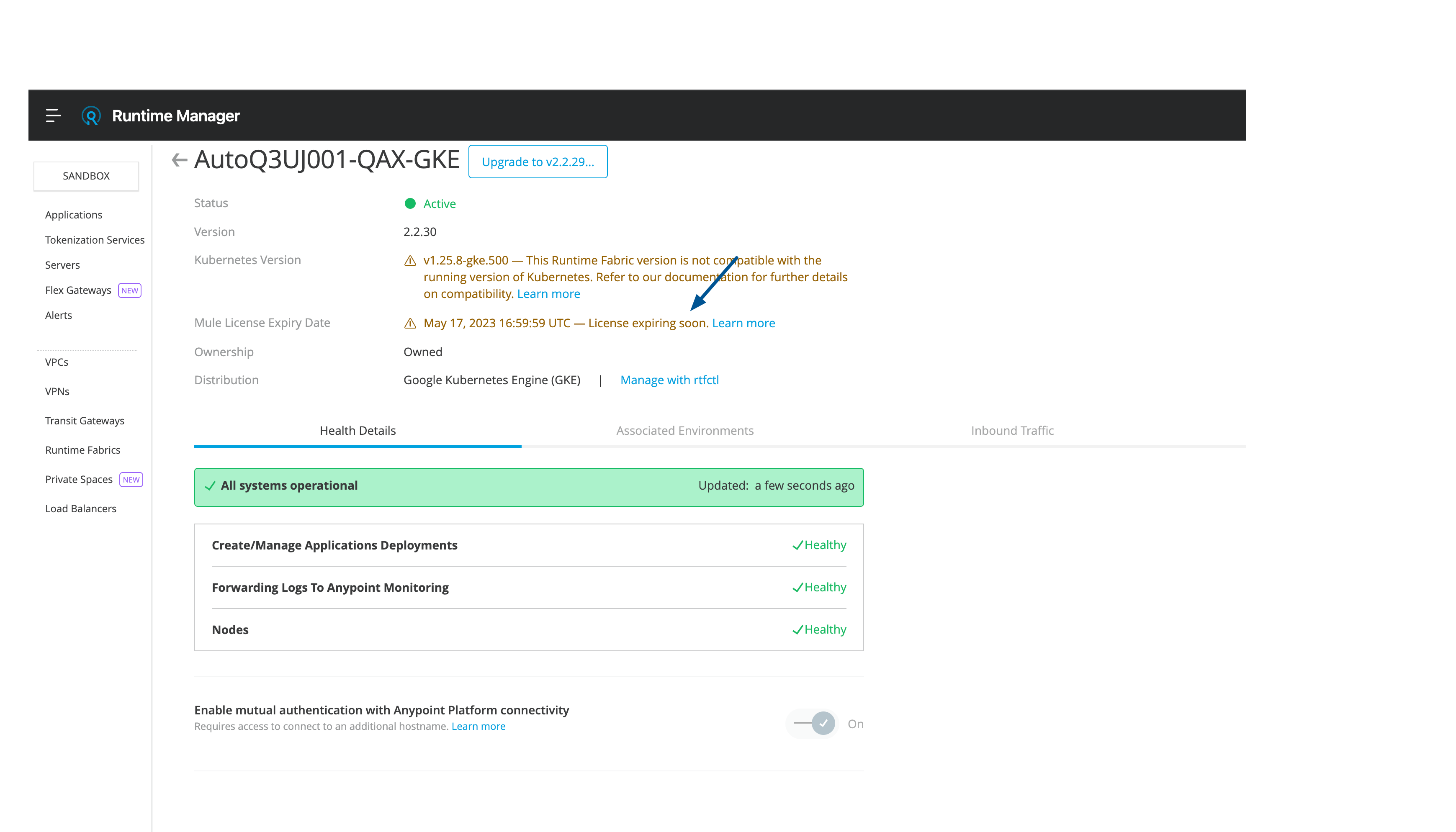 Runtime Manager UI with Mule License Expiry Date warning notification