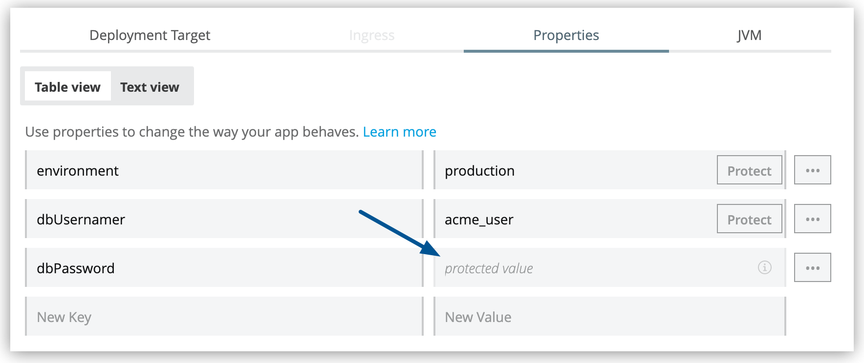 The value for dbpassword is shown as protected