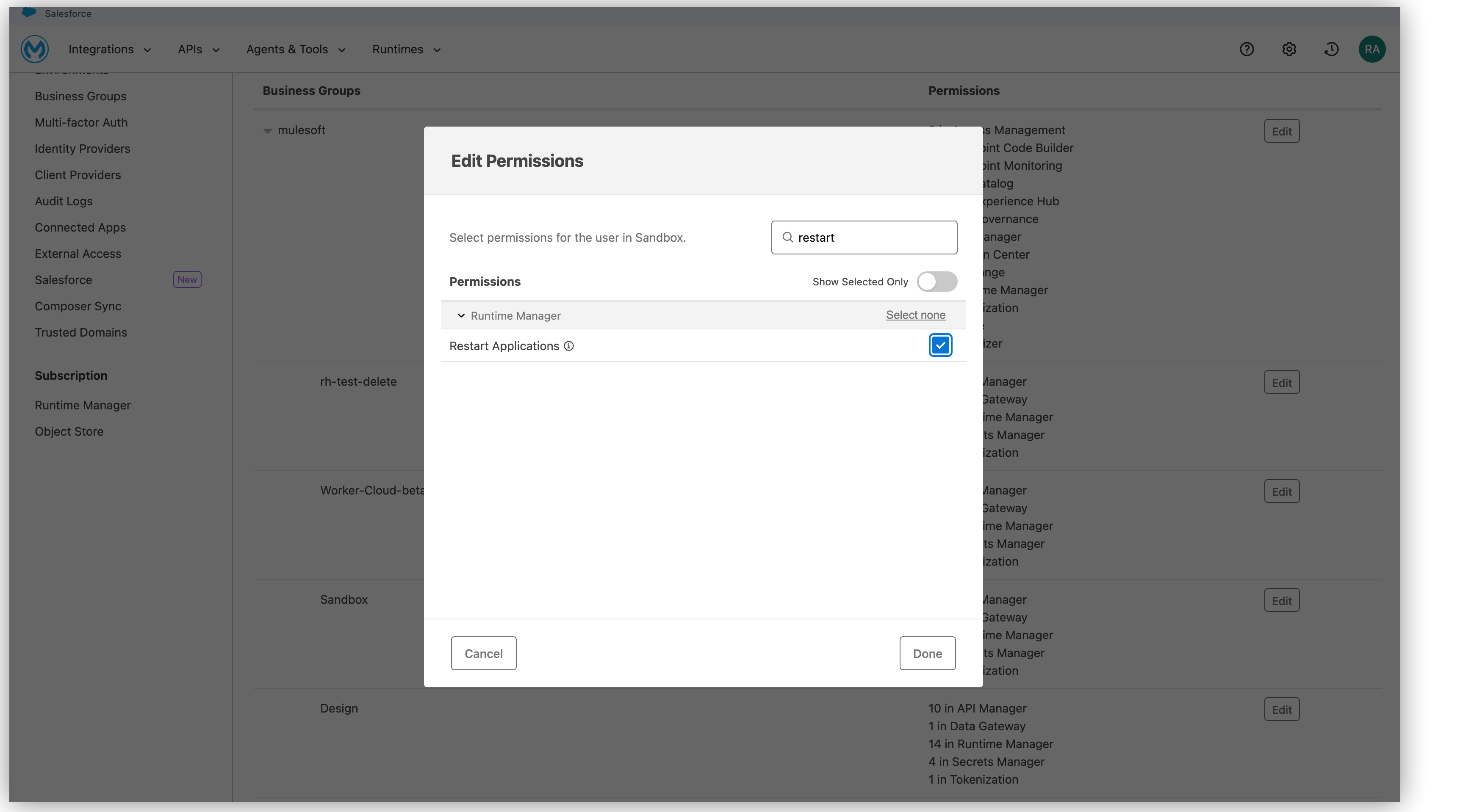 Restart Applications permission in Access Management