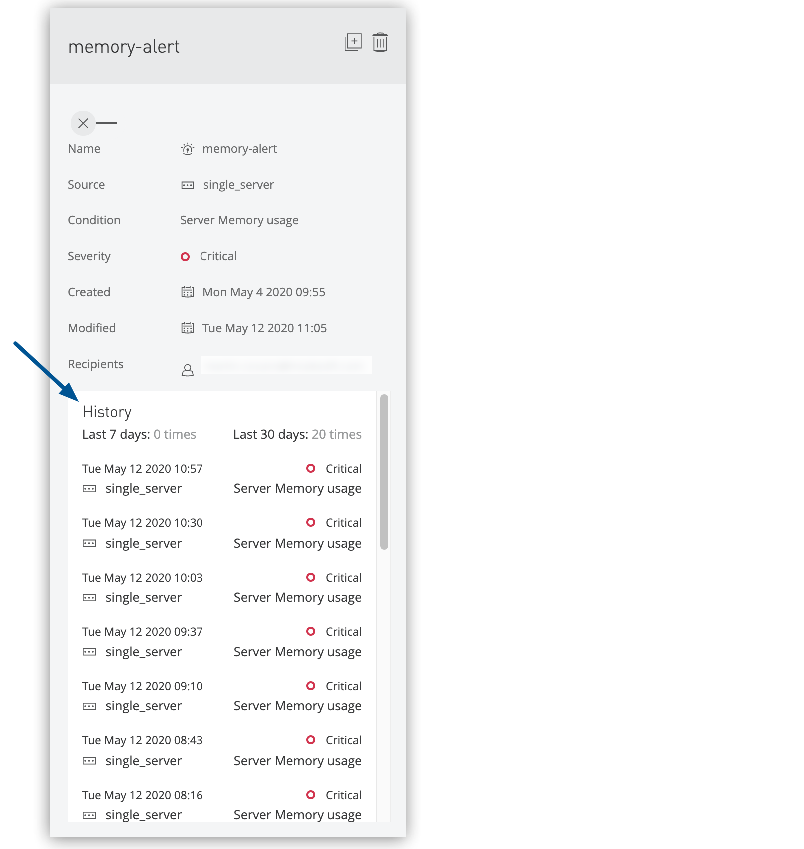 Alert history in the details pane