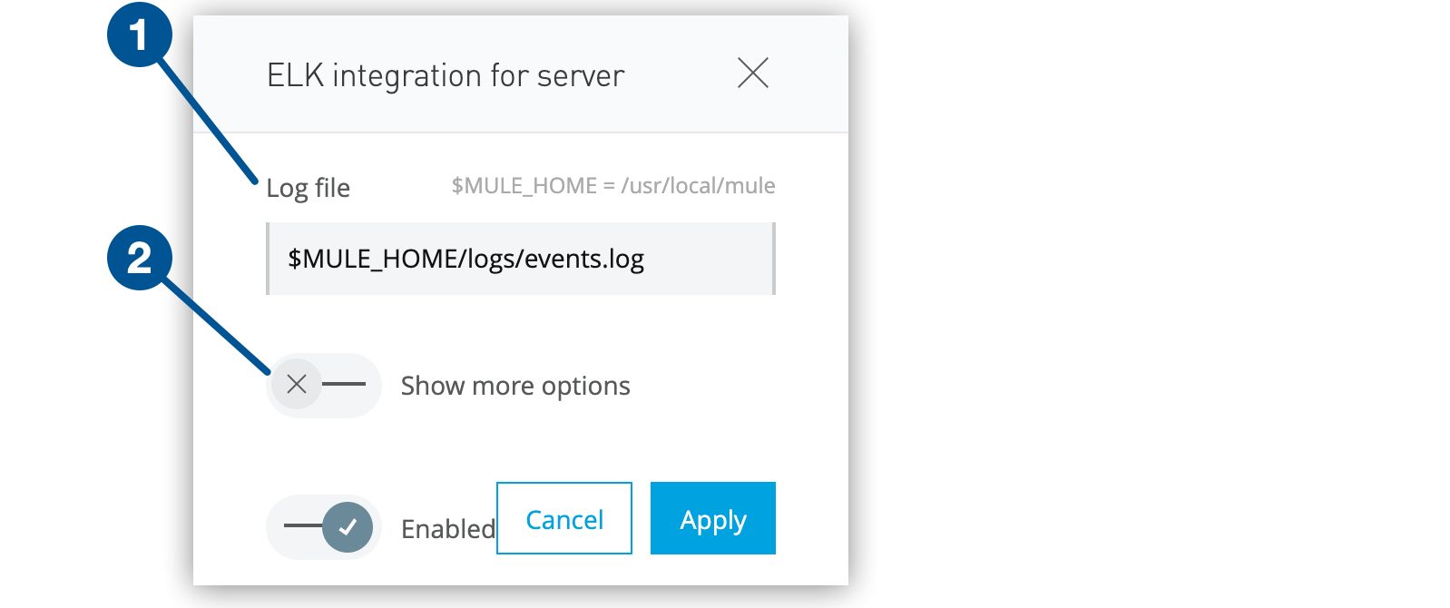 Log file location and Show more options switch in the ELK configuration window