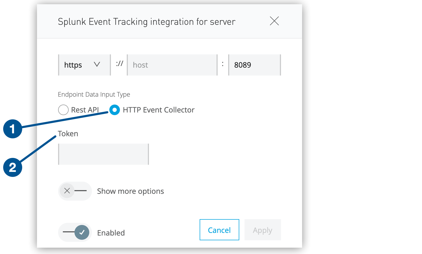 HTTP Event Collector option and Token field in the Splunk configuration window