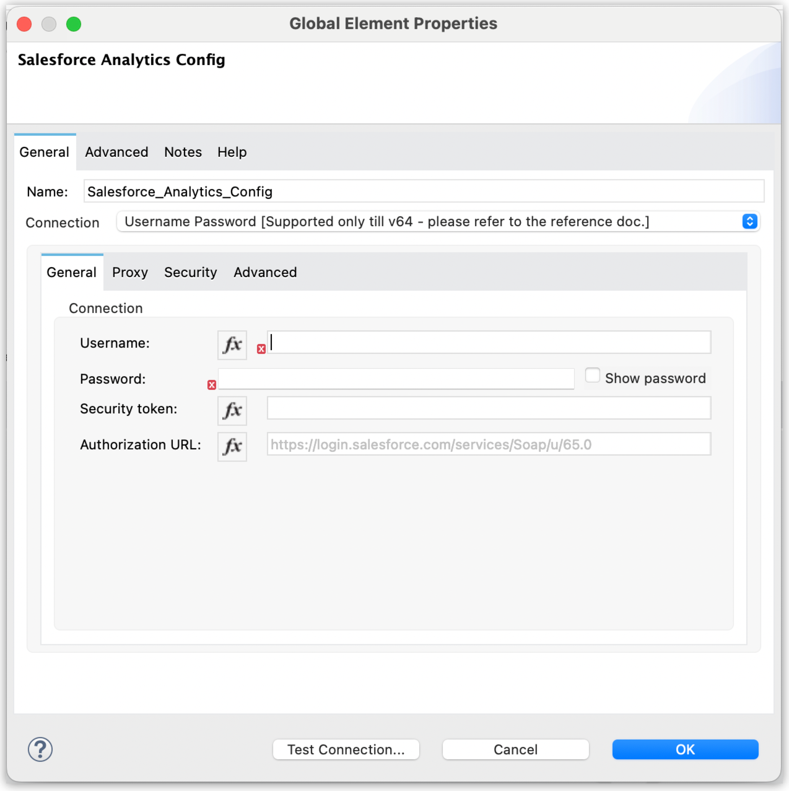 Username Password global element properties window