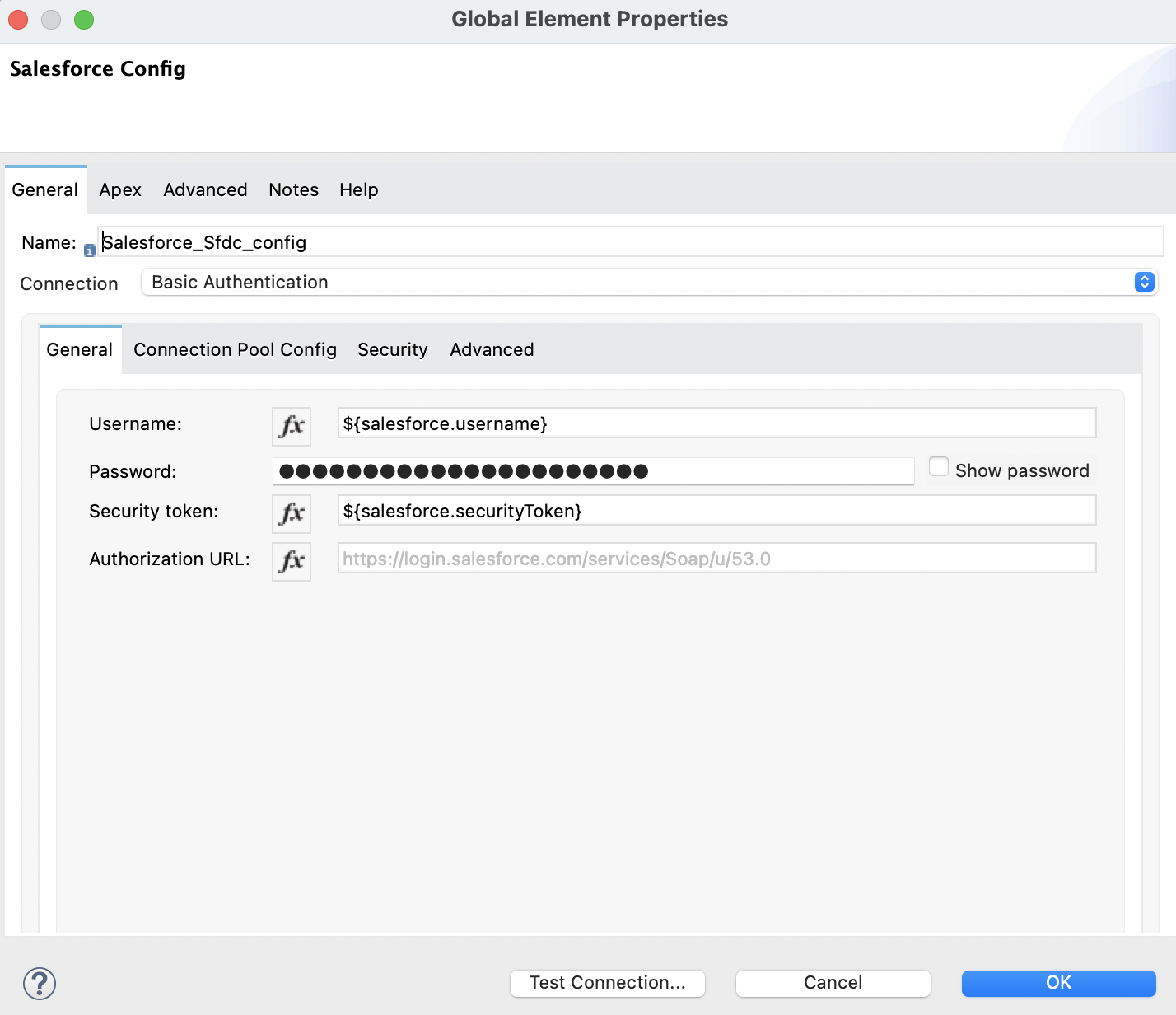 Create global element configuration window