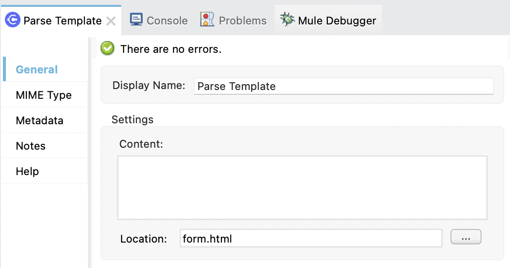 Parse Template properties window configuration