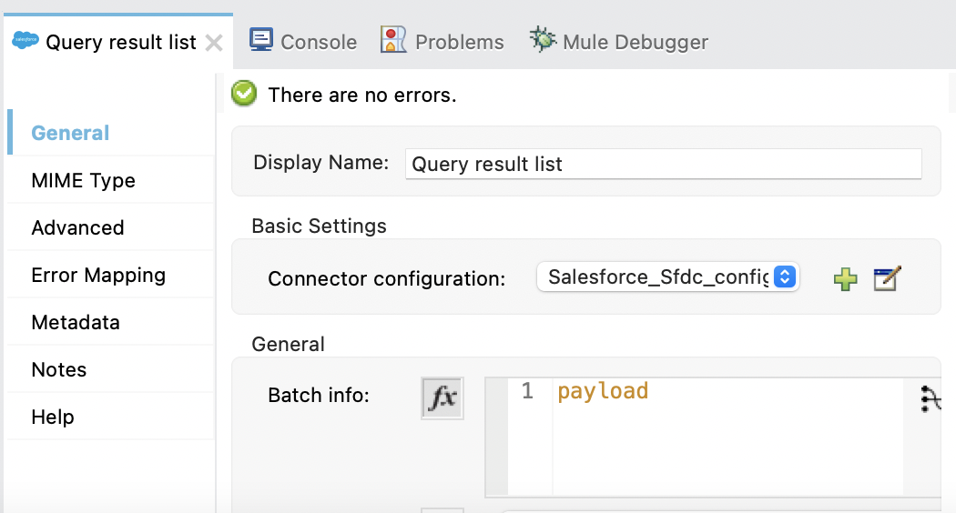 Query result list properties window configuration