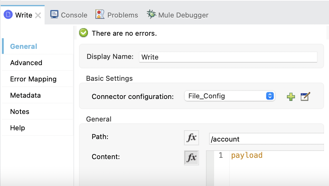 Write properties window configuration