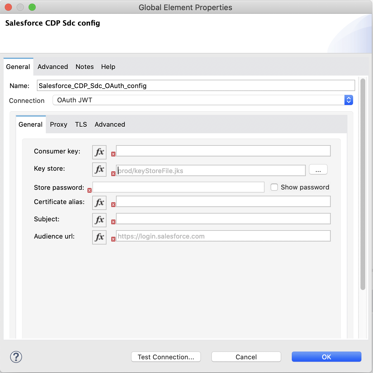 OAuth JWT is selected in the Connection field and the authentication fields are completed on the *General* tab.