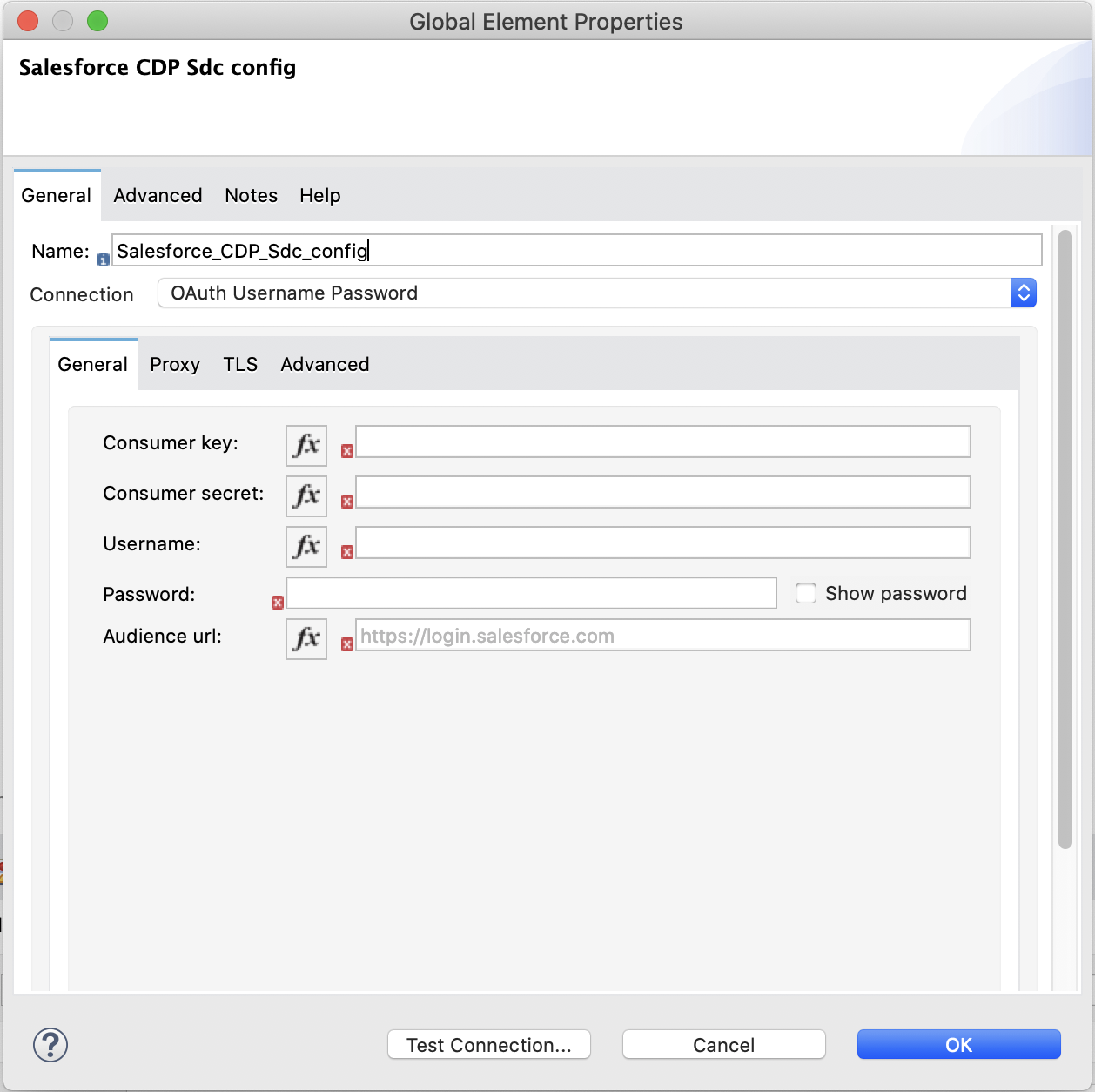 OAuth Username Password is selected in the Connection field and the authentication fields are completed on the *General* tab.